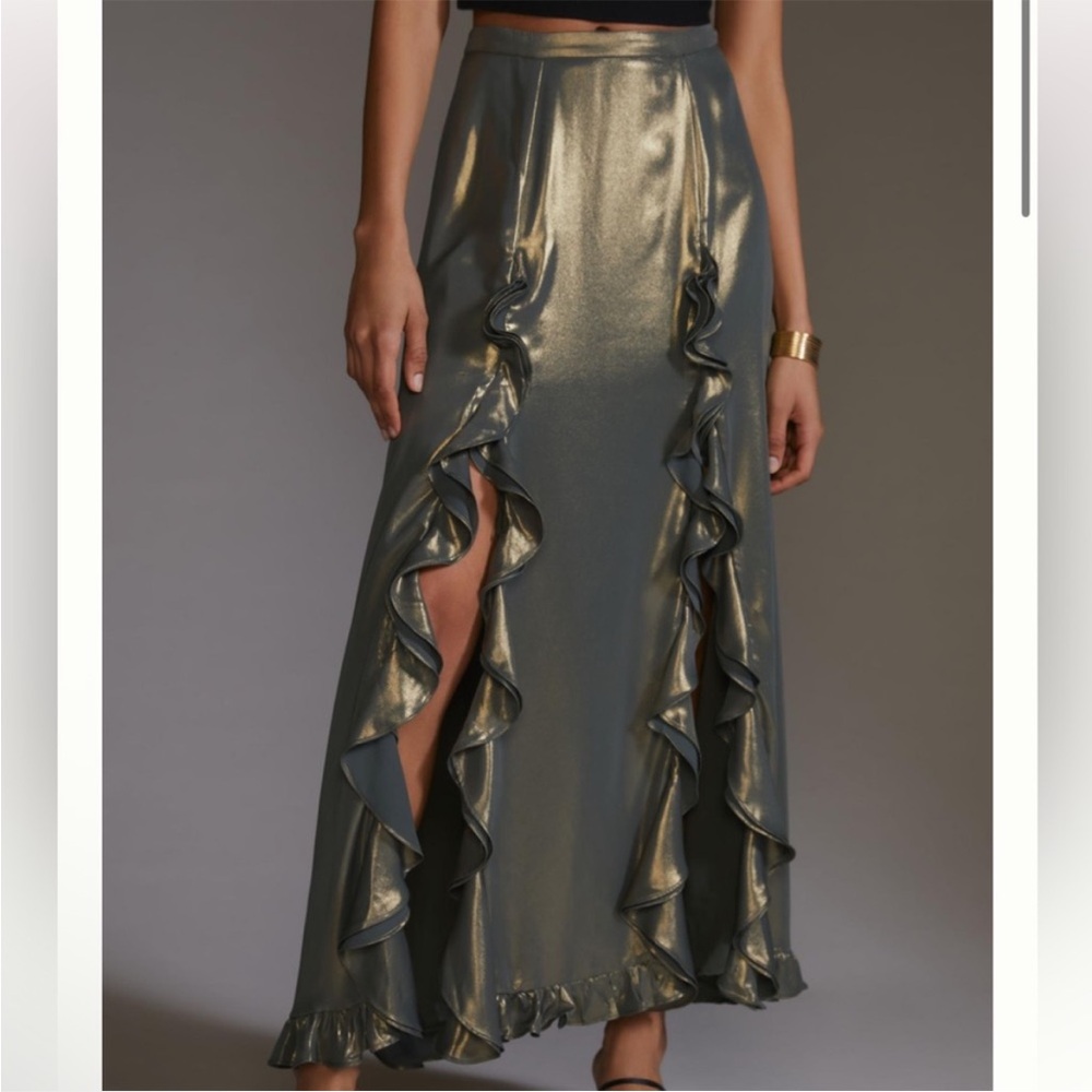 Anthropologie Ruffle Slit Maxi Skirt Bronze XS